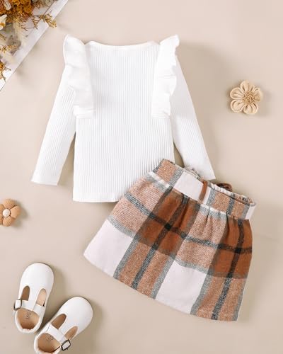 Baby Girl Clothes Sets: Fall Winter Outfits Ruffle Sleeve Ribbed Tops Button Mini Skirts Set for Toddler 9-48 Months3