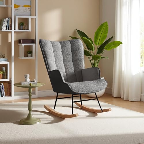 Sillón mecedora, silla mecedora de lactancia con apoyabrazos y pies de madera, silla de paseo interior de terciopelo Teddy para dormitorio y sala de estar, respaldo a cuadros, 68 x 75 x 92 cm (gris