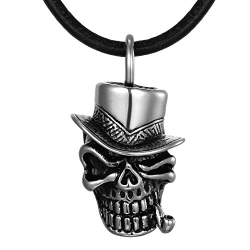 DonDon Collar de Cuero 50 cm para Hombre y Colgante Calavera con Tubo de Acero Inoxidable en Bolsa de Regalo Cover