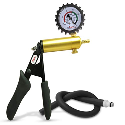 LeLuv Ultima Black Vacuum Pump - Aluminum Alloy &amp; Brass Handle Manual Hand Vacuum (0-30 Hg, 0-760 mmHg), Gauge Installed with Protective Rubber Cover, Silicone Padded Grips with Hose &amp; Fitting