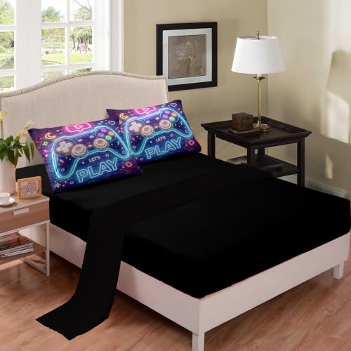 Image of NINENINE Gaming Controller Comforter Sets, Purple Brick Galaxy Gamer Bedding 5PCS Twin Size Comforter Sets for Teen Boys (1Comforter, 1Flat Sheet, 1Fitted Sheet, 2Pillowcases)