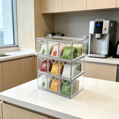 Image of Prsildan Craft Art Supply Organizer Stackable Storage Drawer with 9 Drawers | Clear Acrylic, Tea Bag K Cup Organizer, for Kitchen Office Desk Vanity Makeup Organizer, 3 Pack