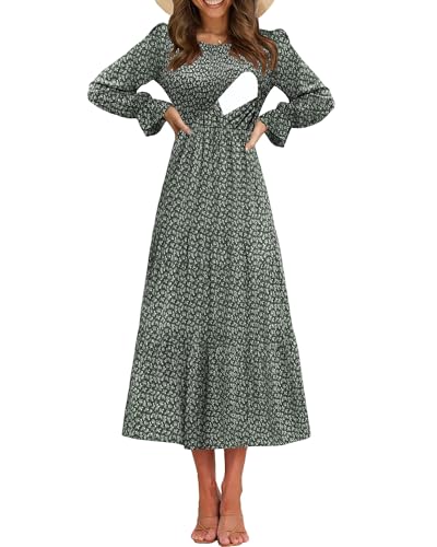Image of CzzzyL Women's Nursing Dress Flounces Long Sleeve Crew Neck Smocked Bodice Ruched Elastic Waist Tiered Midi with Pockets