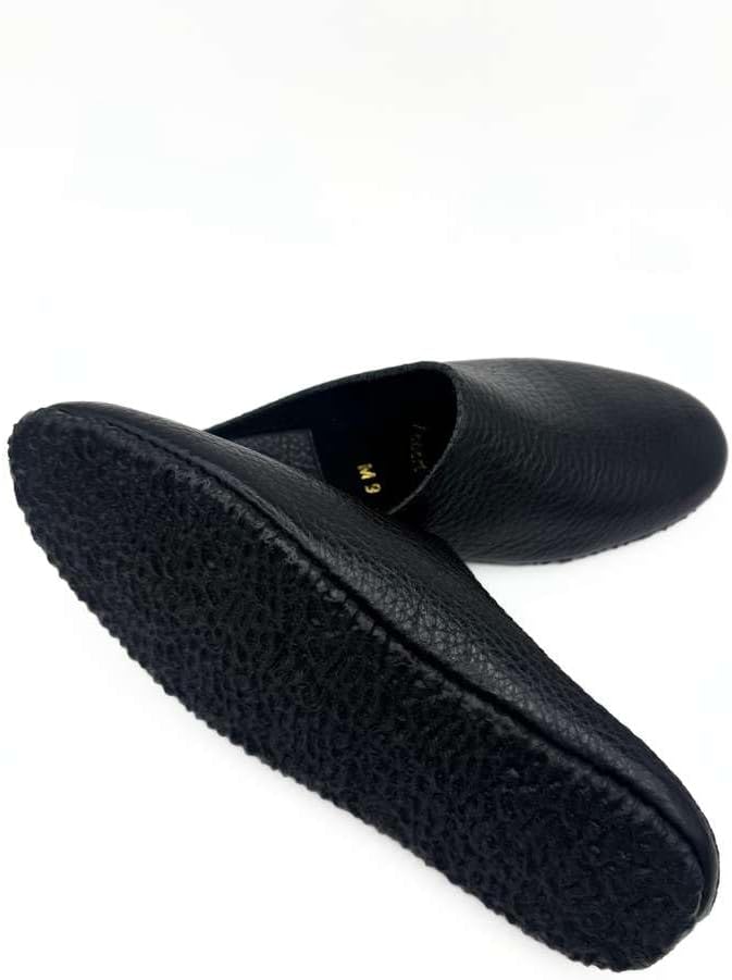 Premium Black Leather House Slippers For Men, Soft Textured Comfort Mules