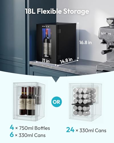Image of EUHOMY 18L Freestanding Counter-top Wine Fridge Mini Fridge, 4 Bottle and 6 Can Wine Cooler for Red White Wine, Wine Cellar with LED Digital Temperature Display Quiet, Black