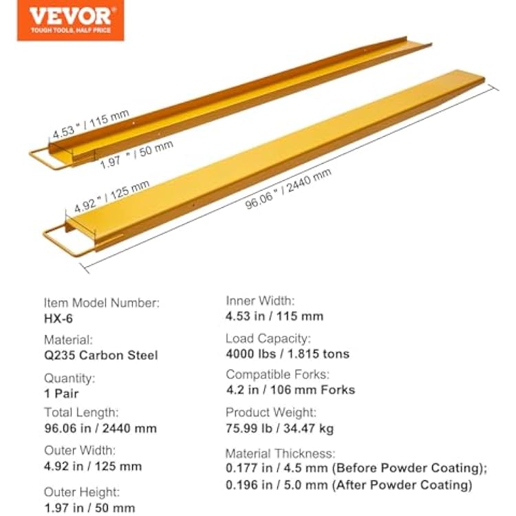 BestEquip Forklift Extensions, 96 inch Fork Extensions 4.5 inch Width, Heavy Duty Steel Pallet Fork Extensions, 1 Pair Forklift Extensions for Forklift Lift Truck Forklift Loaders