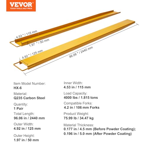 VEVOR 2er-Set Gabelverlängerungen 2440 mm Zinkenverlängerung 1,815 Tonnen Tragfähigkeit Gabelzinken Q235 Kohlenstoffstahl einteiliges Design Palettengabelverlängerung Kompatibel mit 106 mm Gabeln