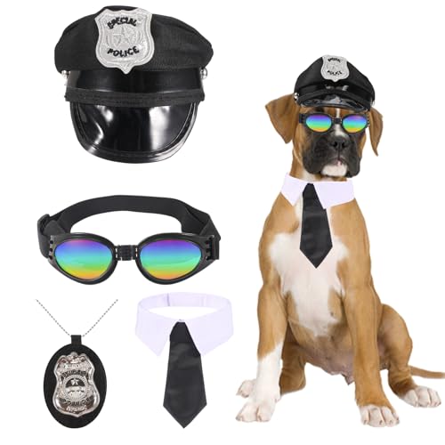 QKURT Dog Police Costume Pet Police Hat Necktie Sunglasses Badge Pet Dress Up Kit for Halloween Christmas Cosplay Funny Role Play Party
