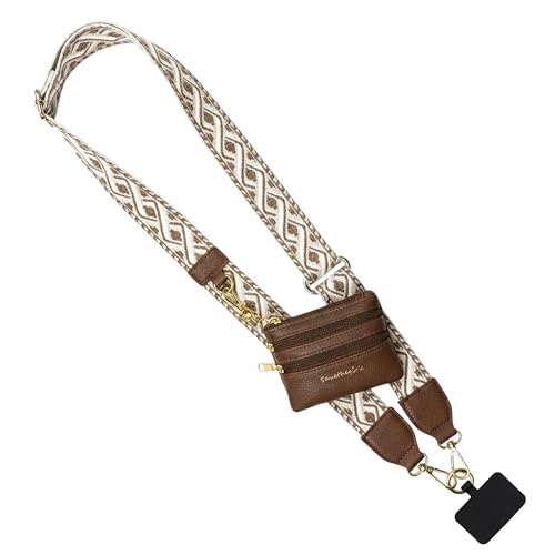 Image of Save the Girls XOXO Clip and Go Phone Strap (Tan) - Crossbody Phone Strap Chain with Zipper Wallet Pouch - Phone Lanyard Zippered