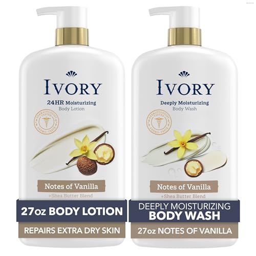 Image of Ivory Hand & Body Lotion + Body Wash Bundle, Vanilla Scent, 24hr Moisturizing & Nourishing Hydration, Repairs and Soothes Extra Dry & Itchy Skin, Made with Shea Butter Blend, 27 fl oz (Pack of 2)