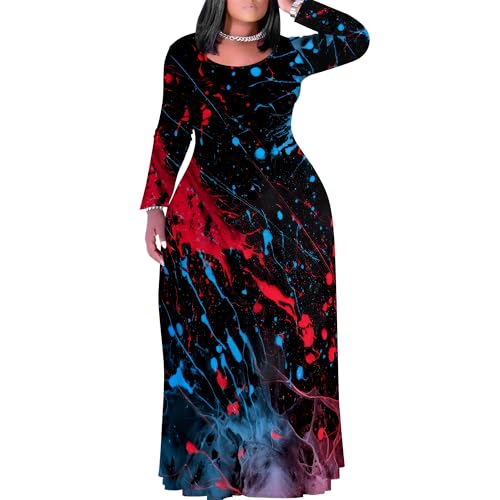 Image of PinkPatty Plus Size Maxi Dress for Curvy Women Crew Neck Long Sleeves Casual Dress Vacation Sundresses with Pockets