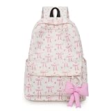 ZYNTAVA Aesthetic School Bag, Beige School Backpack with Pink Bow Charm, Waterproof Corduroy Kids Backpack, Kids Rucksacks for Girls, Practical Gifts for Birthdays & Holidays
