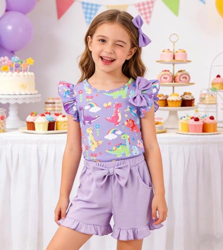Image of Barlver Girls 2 Piece Short Set Baby Girl Summer Clothes Ruffle Sleeve T-Shirt and Bow Knot Shorts Toddler Girl Outfit Set