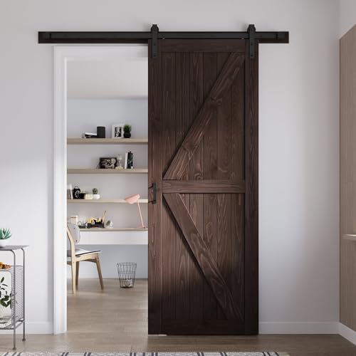 Image of FREDBECK 36 x 96 Brown Wood Barn Door with Hardware Included,K-Frame,Coffee