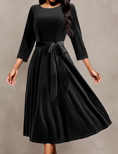 Image of DRESSTELLS Velvet Cocktail Dress for Women, 2023 Fall Vintage A-Line Elegant Velvet Dress, 3 /4 Sleeves Winter Formal Dress