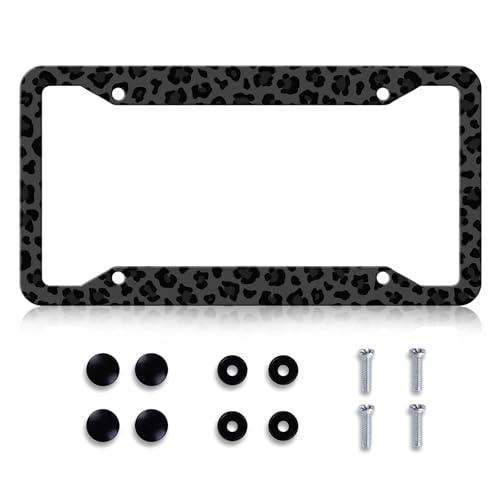 Black Leopard Print License Plate Frame - Leopard Personalise License Plate Holder, Rust-Proof Stainless Steel Waterproof Car Decorative Tag Frame for Standard Us 12x6 Inch
