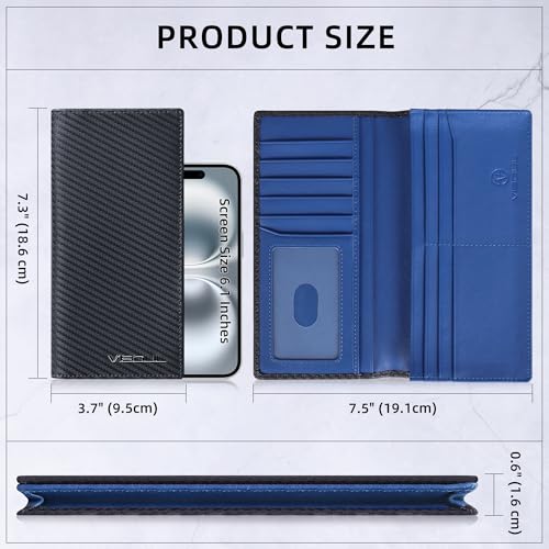 Image of VISOUL Leather Checkbook Cover Wallet for Men with RFID Blocking, Mens Long Bifold Cash Tall Wallet with 11 Credit Card Slots 1 ID Window (Black+Blue)