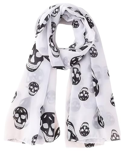 Mazeology Skull Scarf Soft Silky Poly Chiffon 55” Long Scarf Gothic Black and White Gothic Punk Accessory 18” Wide, Pirate Bandana for Women & Men