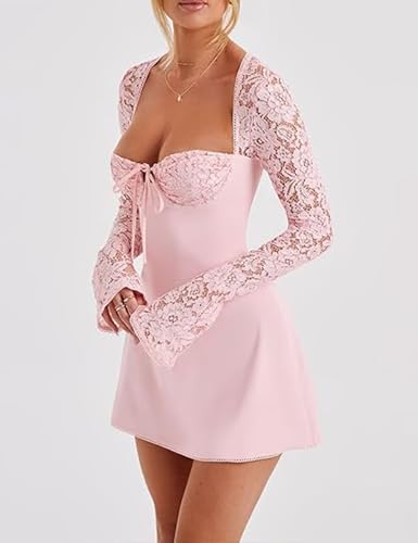 Image of Women 's Elegant Bodycon Dress Lace Patchwork Long Sleeve Low Cut Mini Dress Backless Tie-up Going Out Dress
