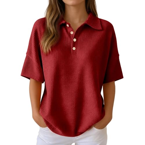 Duohropke Polo para mujer, moda, ocio, blusas, botones de manga corta, cómoda, elegante, transpirable, deportiva, monocolor, estructura de gofres, camiseta de verano, ropa de calle, retro, camiseta de