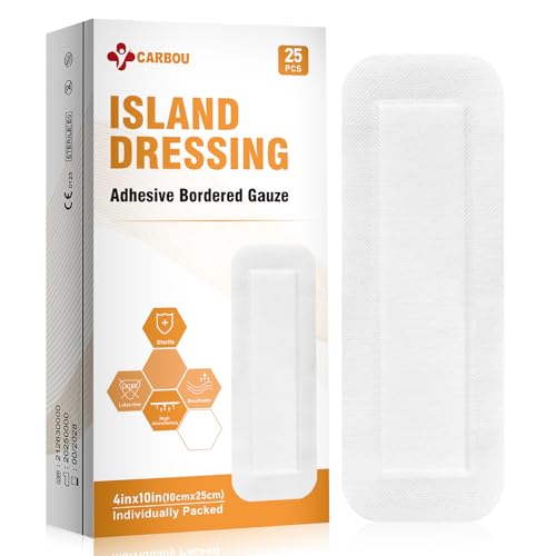 Carbou Island Dressing Bordered Gauze 4x10 - 25 Sterile Individually Wrapped Pads | Non-Stick Center with Water-Resistant Adhesive Border | Medical Grade Non-Woven Backing for Wound Care & First Aid