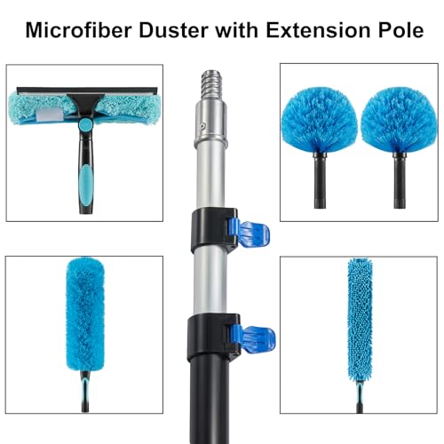 Image of 20 Foot High Ceiling Fan Duster with 5-12 Foot Extension Pole, Extendable Reusable Cobweb, Feather, Window Cleaning Squeegee Kit Blue