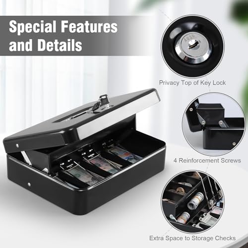 Image of KYODOLED Cash Box with Top Key Lock-0.7mm Metal Money Box for Flea Market Vendors, Craft Fairs & Small Business, Portable Cash Drawer with Auto-Pop Coin Tray & Windproof Bill Clips (11.8 inch, Black)