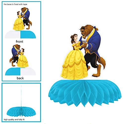 Princess Belle Birthday Party Decorations, 7Pcs Beauty And The Beast Theme Honeycomb Centerpieces Cake Toppers, 3D Double-Sided Table Toppers For Princess Belle Party Supplies #TOP2