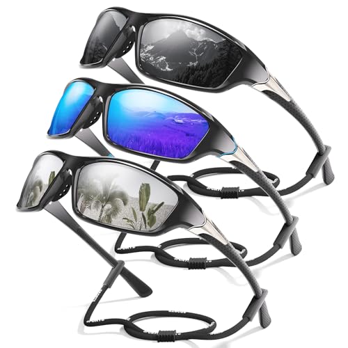 3 Pack Polarized Sports Sunglasses for Men, Mens Sunglasses Wrap Around UV Protection for Cycling Fishing Driving B07-gray/Dark Blue/White