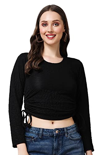 Image of POPWINGS Casual Self Design Regular Fit Polyester Full Sleeves Crop Tops for Women with Crush String