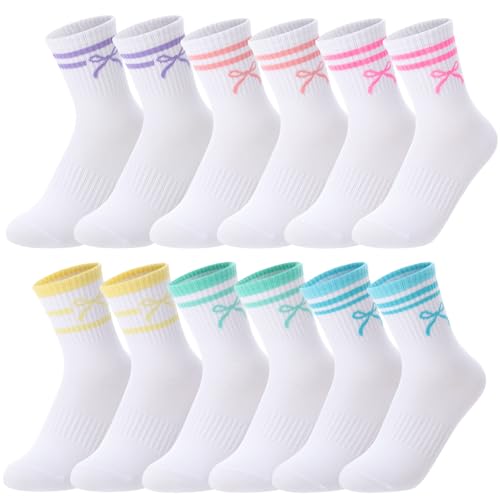 Utensilsto 6 Paar Streifen Tennissocken für Mädchen Bogen Sportsocken Kinder EU 25-28 Tennis Socken mit Bogen Crew Socks Laufsocken Sport Socken for Kinder, Mehrfarbig