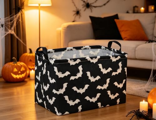 Image of Essme Rectangular Bat Basket,Kids Storage Bins Organizer with Handles for Halloween Room Decor, Gift Basket,Shelf Basket.(Black bat)
