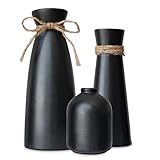 Matte Black Ceramic Vase Set of 3, Small Cute Vases with Rope for Modern Boho Farmhouse Home, Rustic Decorative Vase for Pampas Grass Dried Flowers Table Mantel Entryway Bookshelf Centerpieces Décor