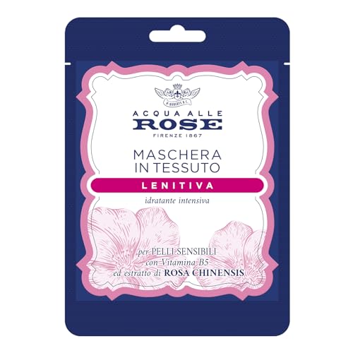 Acqua alle Rose, Maschera Viso in Tessuto Lenitiva Idratante Intensiva con Estratto di Rosa Chinensis, Ideale per le Pelli Sensibili o Secche, con Vitamina B5 Lenitiva, Nutre e Reidrata, Monouso 1 pz
