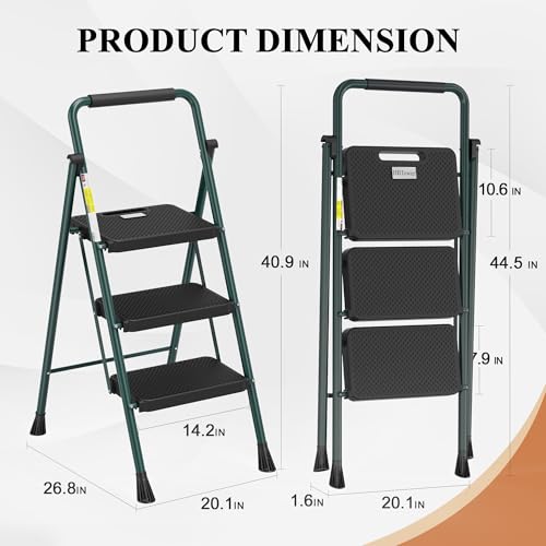 HBTower Step Ladder, Folding Step Stool with Wide Anti-Slip Pedal, Sturdy Steel Ladder, Convenient Handrail, Lightweight, Portable Steel Step Stool