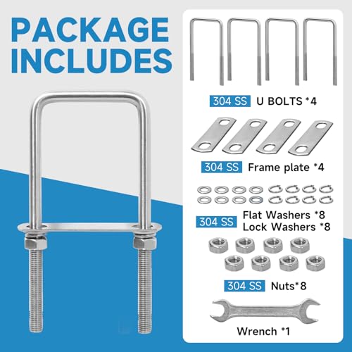 Image of M10 Square U-Bolts 4 Sets 304 Stainless Steel Axle U Bolts Fits 3 Inch Wide Trailer Leaf Springs Include Wrench (M10x3-1 /16 Wx 6-1 /2 inchL)