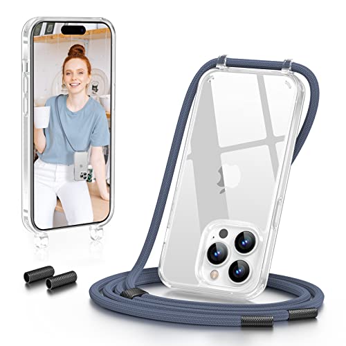 GOODVISH Handykette Kompatibel mit iPhone 14 Pro Max 6 7 Zoll Necklace Hülle mit Band Handyhülle für zum Umhängen Transparent Case mit Schnur Kameraschutz und Bildschirmschutz DunkelBlau
