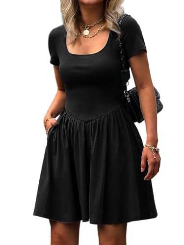 Women's Summer Casual Short Sleeve Mini Dress Square Neck A Line Pleated Swing Dresses Basic Short Dress with Pockets