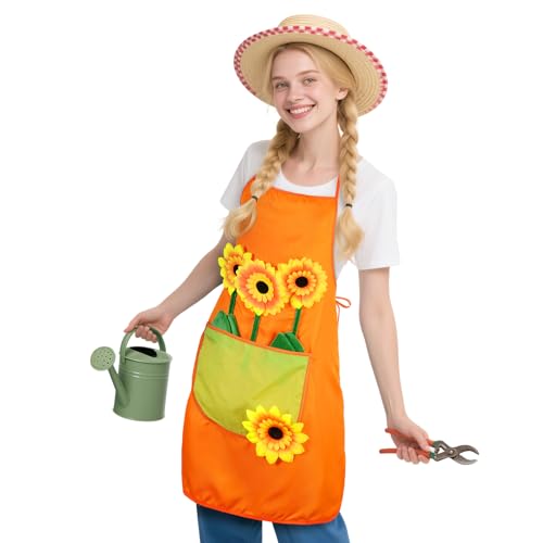 AYBUY Gärtnerschürze Sonnenblumen Schürze Gärtner Gärtnerin Kostüm Grillschürze mit Taschen Unisex Design für Karneval Kostümpartys und Mottopartys Orange-A Erwachsene