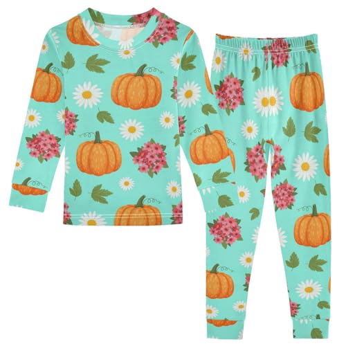 Pajama Sets Long Sleeve Autumn Pumpkin White Flowers Soft Comfy Sleepwear 2 Piece PJS 3-8T