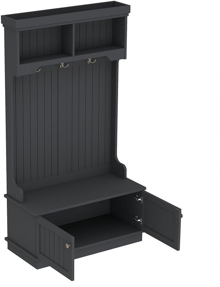 Hall Tree, Modern 4-in-1 Storage Hall Tree with Bench, Multi-Purpose Home Organizer with Coat Rack and Hooks, Entryway Coat Rack for Living Room, Hallway,Black