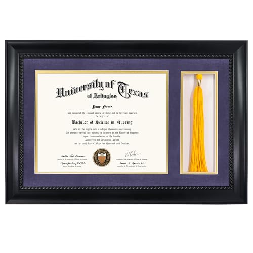 GMFrames 8.5x11 Diploma Frame with Tassel Holder, Solid Wood & Tempered Glass, Purple over Gold Mat, Black Finish with Intricate Black Rope Detail
