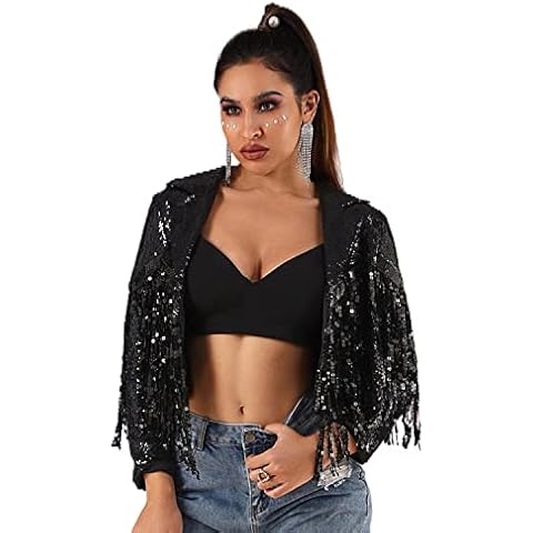 EVILD Women Sequins Tassel Bomber Jackets Glitter Long Sleeve Jacket Sparkly Open Front Party Bomber Blazers Black Cover