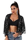 EVILD Women’s Sequins Party Bomber Jackets Long Sleeve Glitter Jacket Tassel Sparky Open Front Bombe
