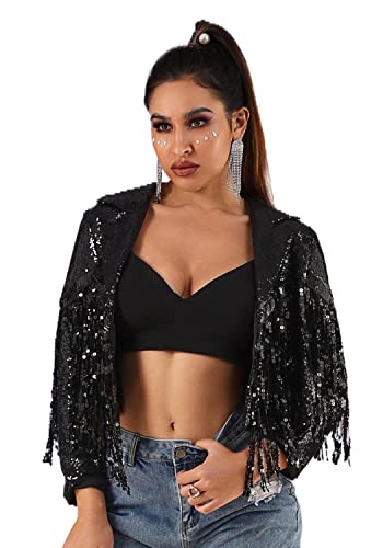 Evild Women’s Sequins Party Bomber Jackets Long Sleeve Glitter Jacket Tassel Sparky Open Front Bomber Blazers Sparky Cocktail Black #TOP12