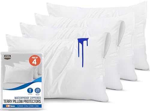 Recopilación de Protectores de almohada favoritos de las personas. 41 Utopia Bedding - Protectores de almohada impermeables con cierre, tamaño Queen (paquete de 4), fundas de almohada de rizo, UB3622