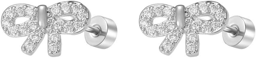 20g CZ Bow Flat Screw Back Small Stud Earrings for Women Titanium Steel Silver Plated Cute Sparkling Crystal Ribbon Cartilage Tragus Helix Tiny Piercing Studs Hypoallergenic Fashion Jewelry