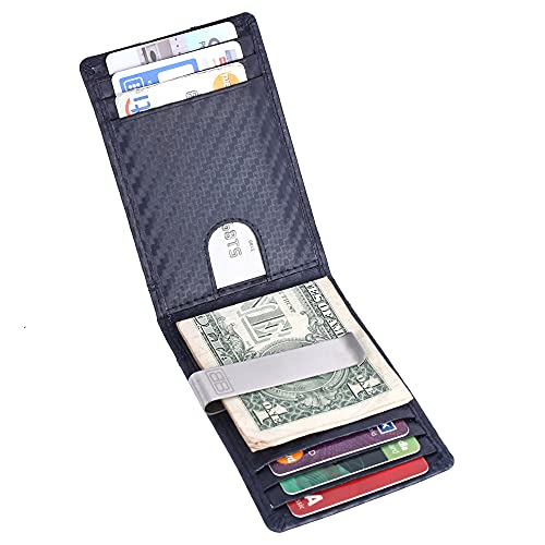 Image of Brooklyn Bridge Money Clip Wallets for Men Vegan Leather Carbon Fiber Blue - Slim RFID Protected Card Holder, Stylish Front Pocket Wallet with Cash Clip, Lightweight Gift for Him