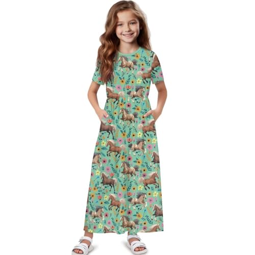 Girls Maxi Dress Kids Short Sleeve Round Neck Casual Dress with Pockets Floral Print Loose Summer Long Dresses