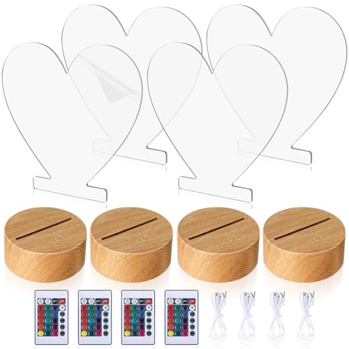 Image of Baquler 4 Set 3D LED Night Light Lamp Base Gift DIY 3D Clear Acrylic Blank Engrave Sheets with Remote Control USB Cable 16 Color 4 Mode for Room Cafe Bar Birthday Decoration(Heart)